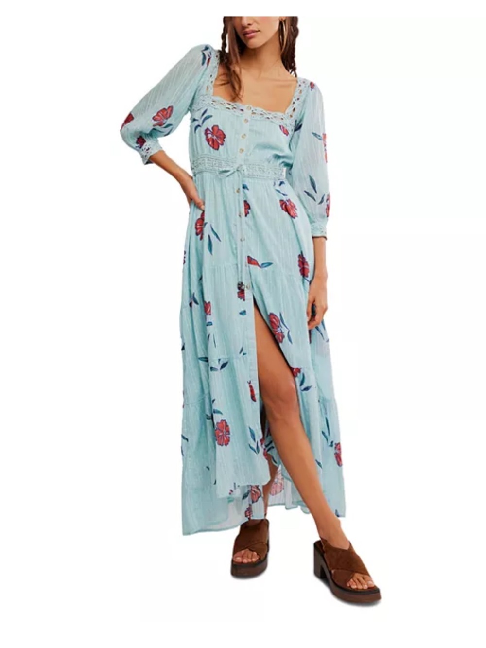 Free People Light Blue Floral Maxi Dress with Square Neckline Morning Meadows